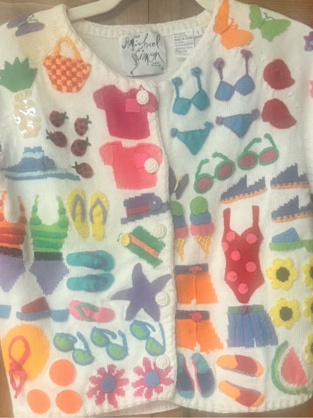 Michael Simon White Cardigan with Bright Multi-Color Summer Motifs